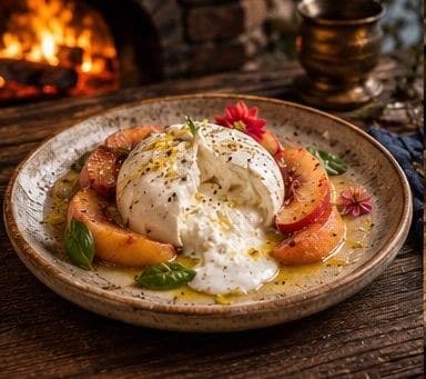Burrata with charred peaches